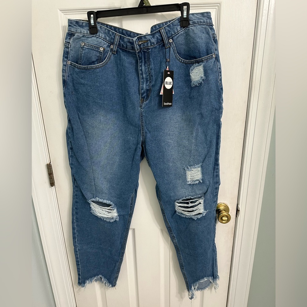 Boohoo Blue Ripped Boyfriend Jeans